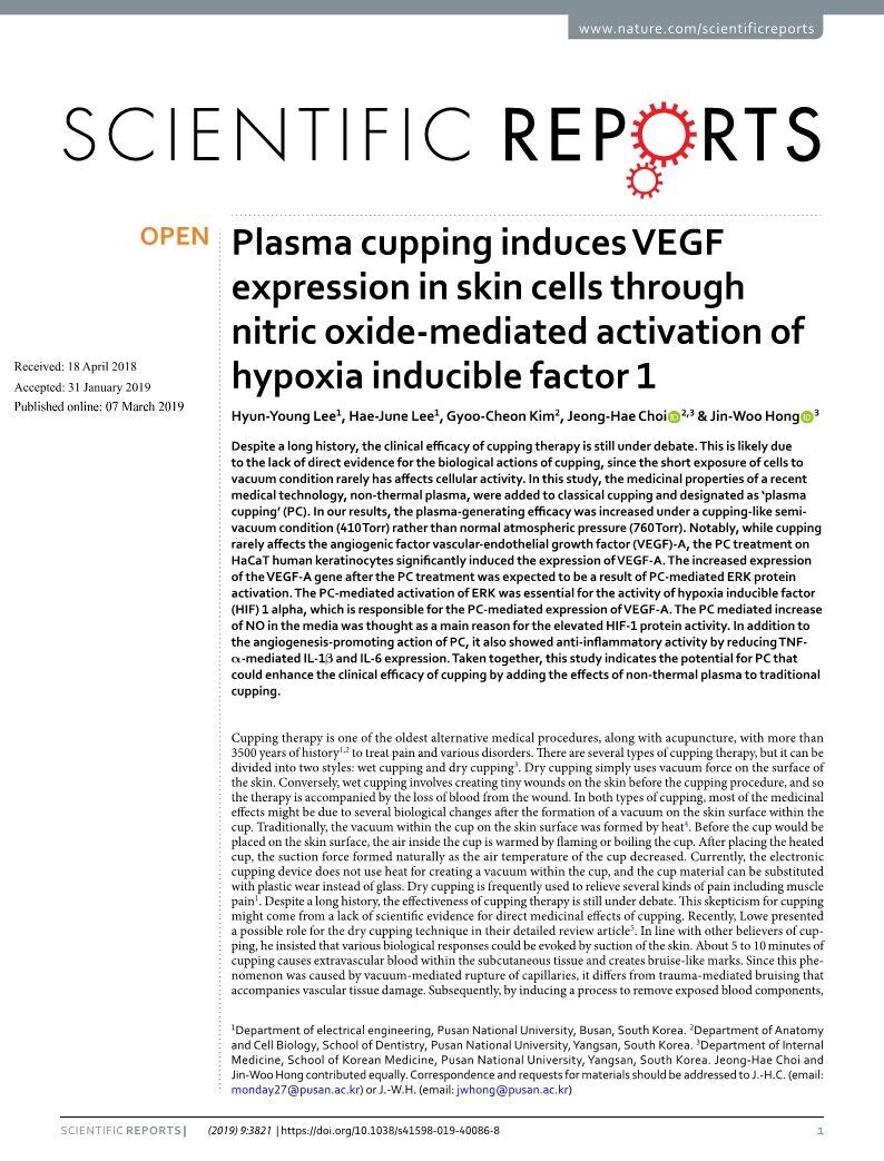 plasma cupping induces VeGF  expression in skin cells through  nitric oxide-mediated activation of  hypoxia inducible factor 1