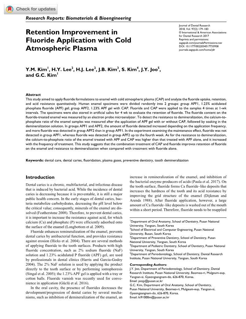 Retention Improvement in  Fluoride Application with Cold  Atmospheric Plasma