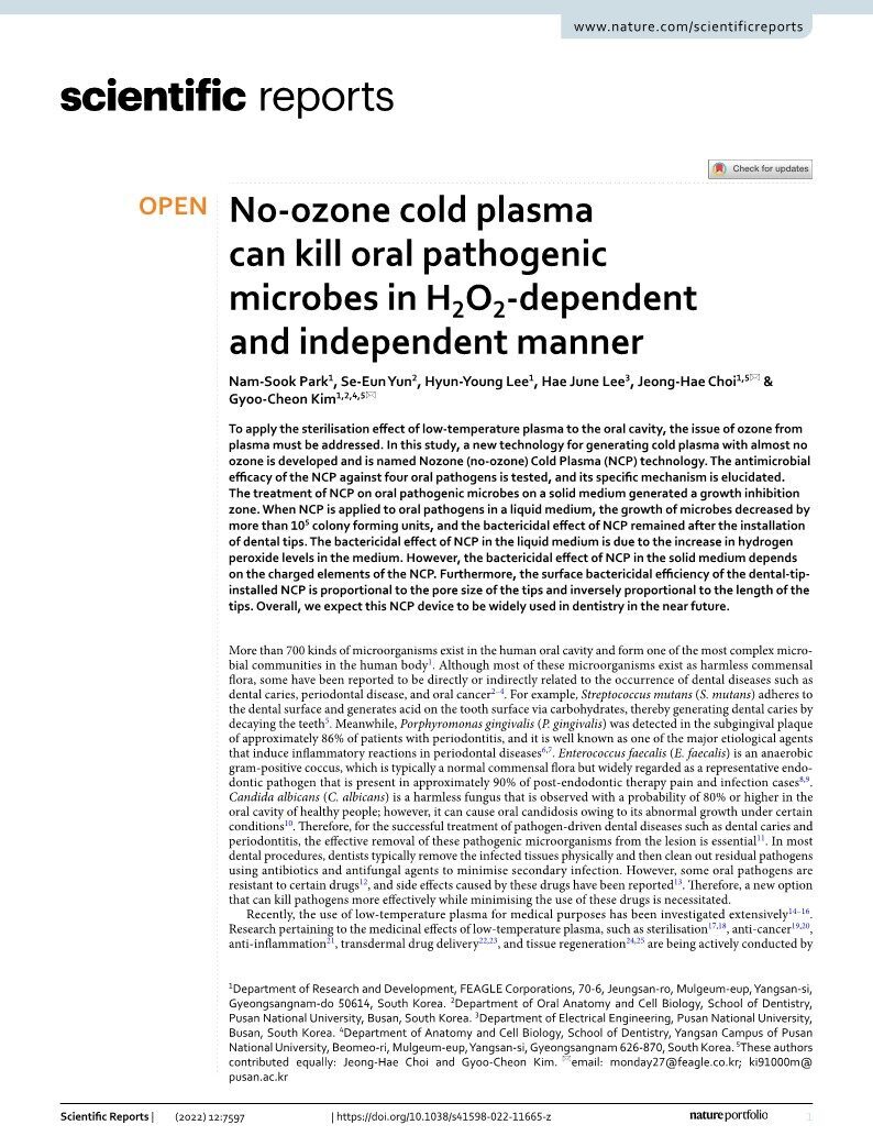 No‑ozone cold plasma  can kill oral pathogenic  microbes in H2O2‑dependent  and independent manner