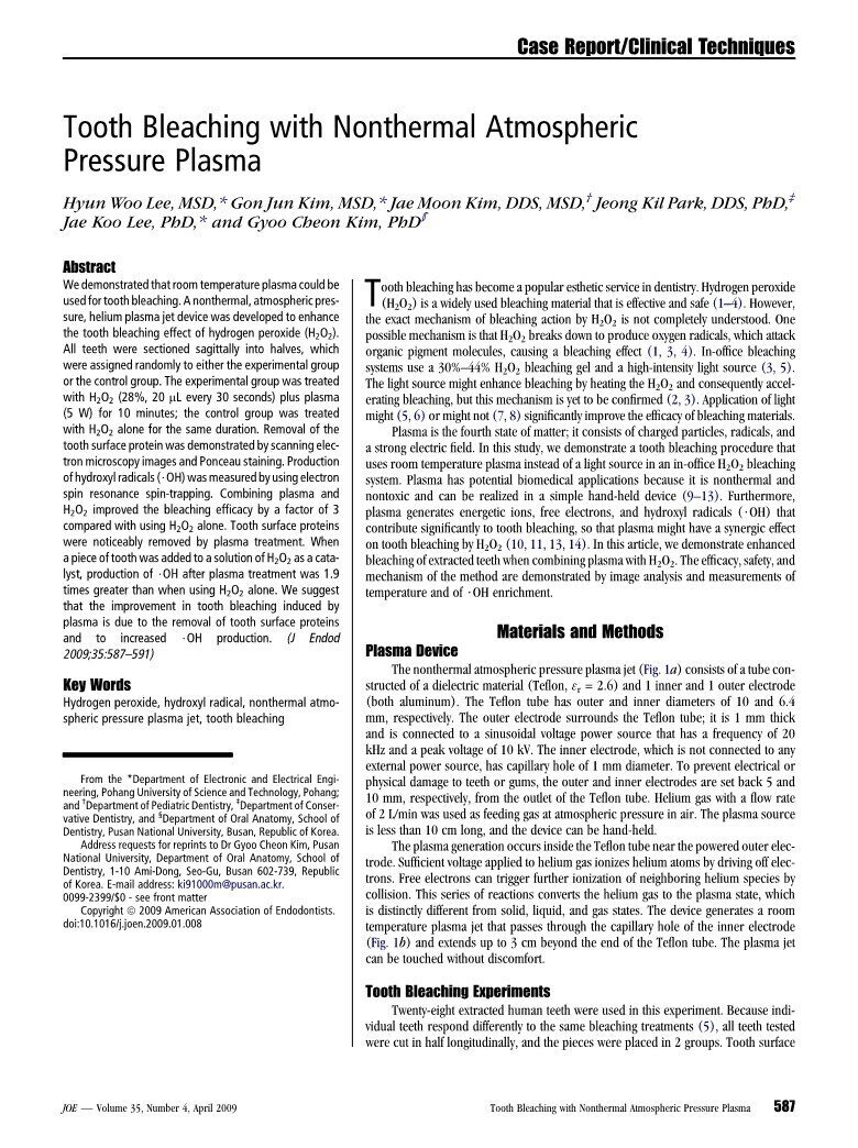 Tooth Bleaching with Nonthermal Atmospheric  Pressure Plasma