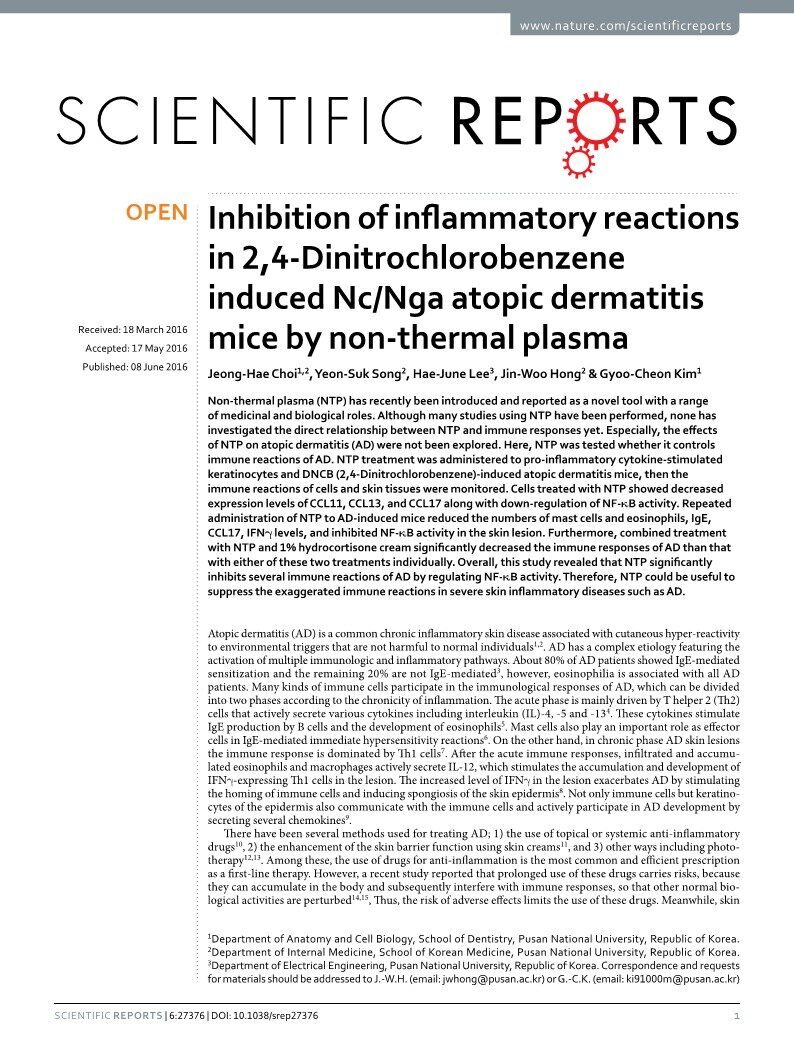 Inhibition of inflammatory reactions  in 2,4-Dinitrochlorobenzene  induced Nc/Nga atopic dermatitis  mice by non-thermal plasma