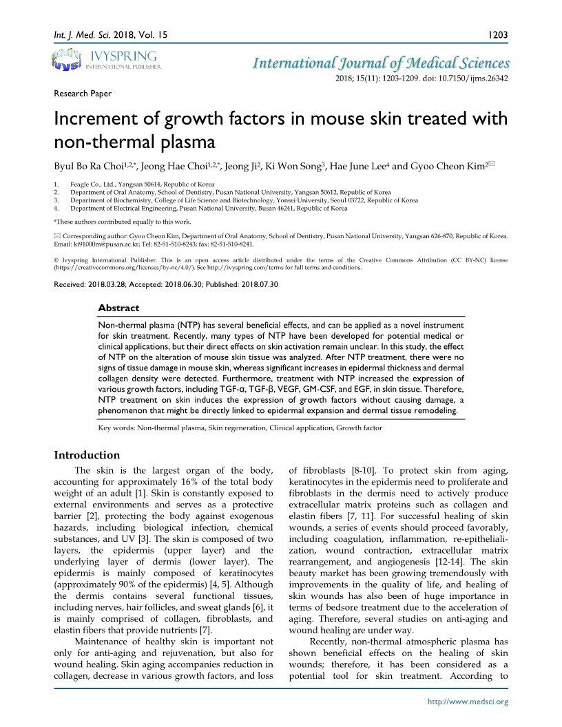 Increment of growth factors in mouse skin treated with  non-thermal plasma